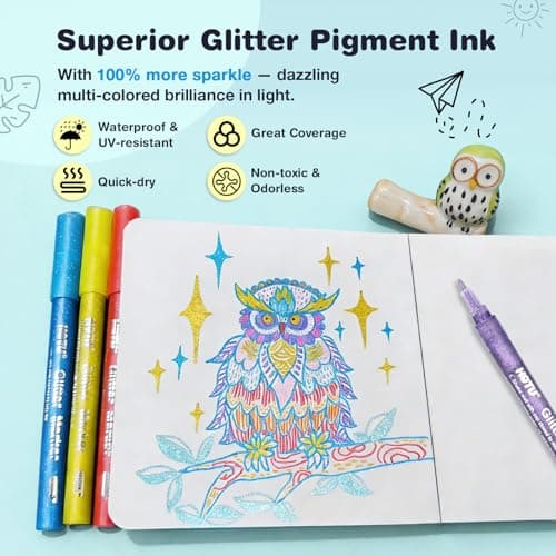 HOTU Glitter Markers Pens, 8 Colors Glitter Gel Pens Metallic Paint Marker for Kids Adult Rock Painting, Scrapbooking, DIY Craft, Making Labels or Cards, Journaling, Doodling, Art Projects - Thumbnail 4