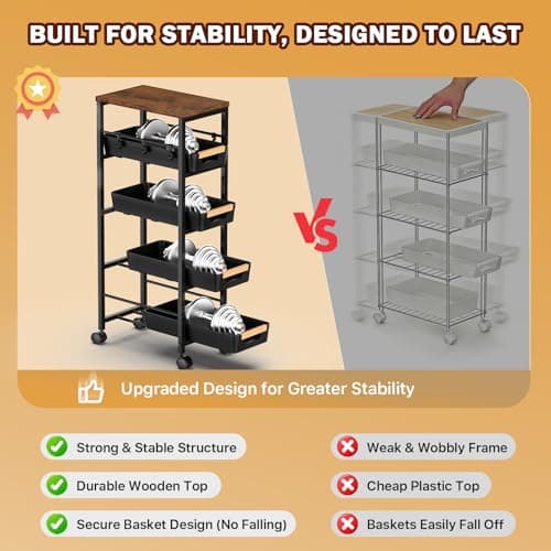 SUNALLY Slim Storage Cart with Pull-Out Baskets, 5-Tier Rolling Kitchen Cart with Wooden Top & Lockable Wheels, Narrow Space Utility Cart Organizer for Kitchen, Bathroom, Laundry Room, Black - Thumbnail 6