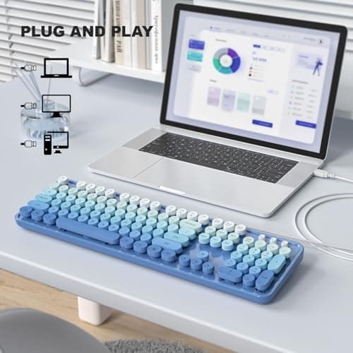 Atelus USB Wired Computer Keyboard - Retro Typewriter Style Full Size Office Keyboard with Number Pad, Caps Indicators, Foldable Stands, for PC Laptop Desktop Windows (Blue) - Thumbnail 2