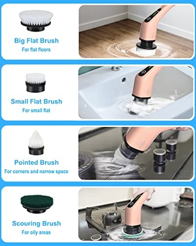 Leebein Electric Spin Scrubber, Cordless Powerful Scrub Brush for Cleaning Bathroom, Kitchen, Shower Tub and Floor Tile with Adjustable Extension Long Handle and 8 Replaceable Brush Heads(Rose) - Thumbnail 4
