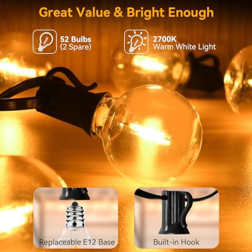 100ft Outdoor String Lights Waterproof/Connectable/Dimmable with 52 LED Shatterproof Bulbs,2-Pack 50ft UL Listed Globe G40 String Lights Outside Lighting for Patio Backyard Cafe Party Wedding Garden - Thumbnail 5