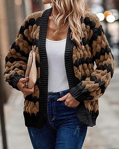 KIRUNDO Women's Cable Knit Sweater Cardigan Open Front Chunky Fall Long Sleeve Color Block Stripe Casual Soft Cardigan Sweater Fall Clothes 2026(Camel, Large) - Thumbnail 3