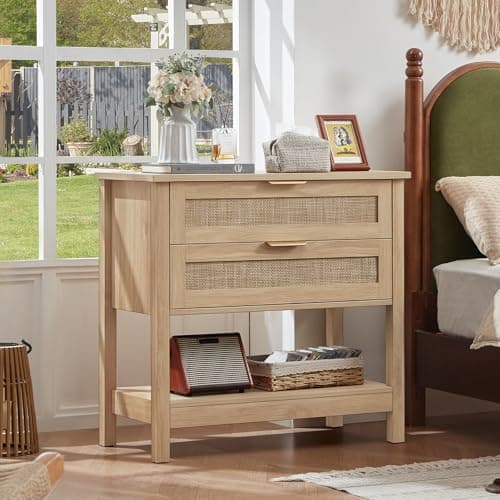 LEYAOYAO 31.5" Wide Rattan Night Stand, Oversized Large Boho Nightstand with 2 Drawer, Natural Wood Bed Side End Tables with Storage Shelf, Tall Bedside Table for Bedroom Living Room, Hallway - Thumbnail 5
