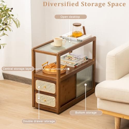 SOBIBO Bamboo Side Table Nightstand with Rattan Drawer & Glass Top – Multi-Function End Table, Nightstands with Storage for Bedroom, Living Room, and Small Spaces, Walnut - Thumbnail 6