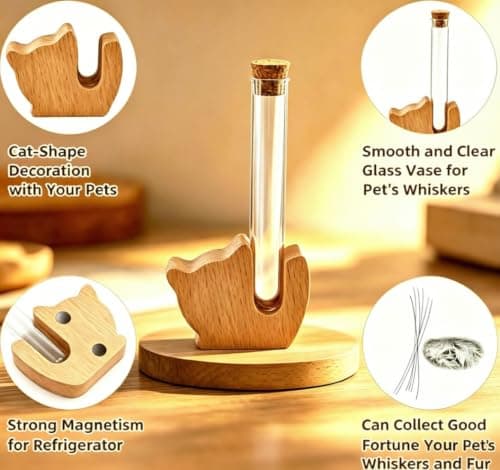Cat Whisker Holder Fridge Magnet, Clear Glass vases with Wooden Base, Fridge Magnets Perfect, Anti-Scratch cat Whisker jar, Tiny Keepsake for Pet Memorial, Home Desktop Decor Gift for Pet Lovers. - Thumbnail 4