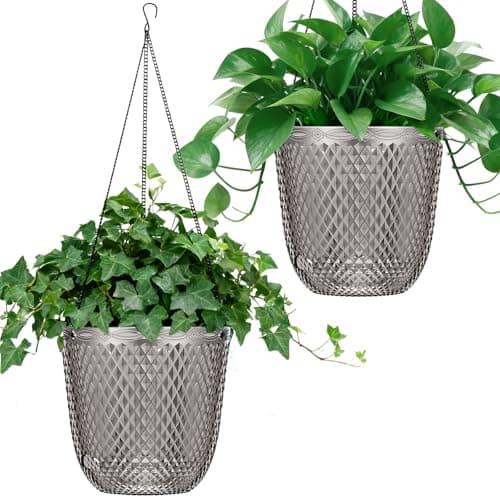 QCQHDU Hanging Planters for Indoor Plants, 2-Pack 5.7 Inch Self Watering Hanging Pots, Plastic Plant Hanger with Drainage Holes and 3 Hooks Chains for Garden Home (Gray) - Image 1