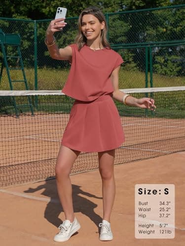 EXLURA Women Summer 2 Piece Sets Tennis Skirt Outfits Casual Cotton Cap Sleeve Tops Pleated Skorts Airport Travel Vacation - Thumbnail 6