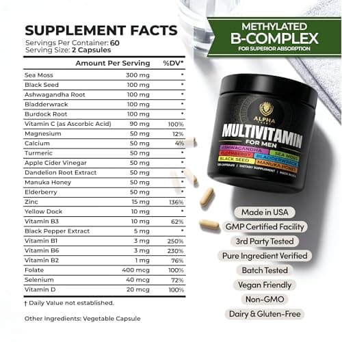 Alpha Tribe Multivitamin for Men with Sea Moss, Black Seed Oil, Ashwagandha, Turmeric Bladderwrack, Burdock,Vitamin C, Elderberry, Manuka, Yellow Dock | Daily Men's Vitamins and Minerals Supplement - Thumbnail 2
