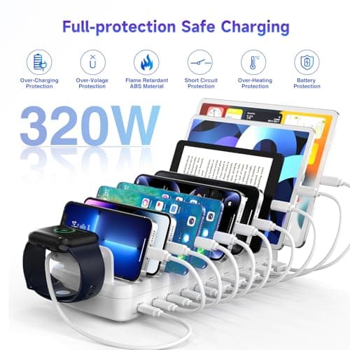 320W Charging Station for Multiple Devices, 10 Ports Fast Multi-Device Charger Organizer Compatible with MacBook Pro Laptop, iPhone, Android, Ipad, Tablet, Kindle, Family Multi-Device Charging Dock - Thumbnail 5