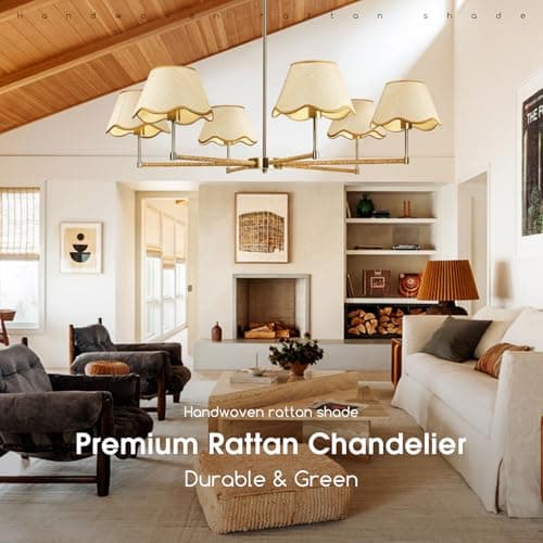 Tadpole Jump 6-Light Farmhouse Chandelier 35.4" Boho Rattan Chandelier with Height Adjustable Dining Room Chandelier for Kitchen Island, Living Room - Thumbnail 2