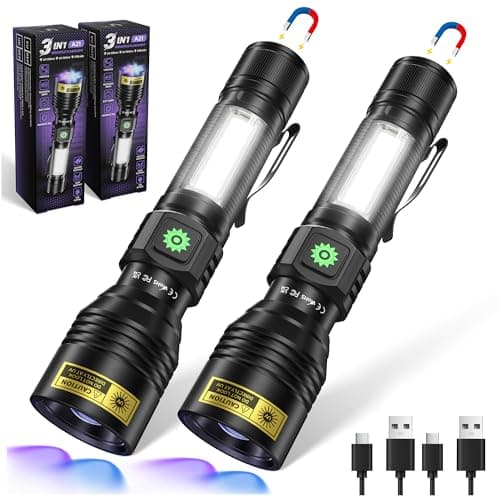 UV Flashlight 365nm & 395nm Dual Black Light , Powerful USB Rechargeable Ultraviolet LED Blacklight Woods Lamp, Focusable Portable Detector for Pet Urine Stains, Uranium Glass, Resin Curing(2 pack）