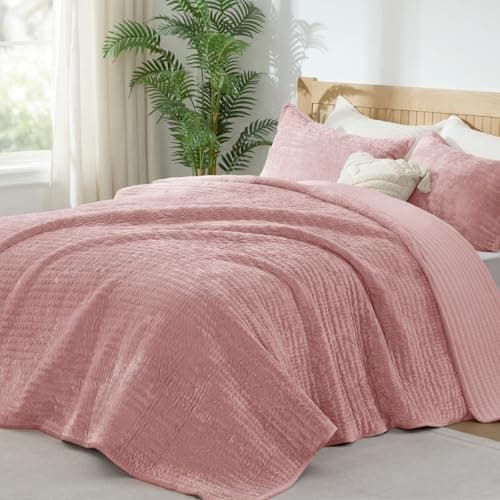 BEDELITE Velvet Quilt Set Queen Size, Luxury Velvet Comforter for All Season, Lightweight Soft Quilted Bedding Set, Striped Channel Oversized Bedspread Coverlet with 2 Pillow Shams,Rose Pink - Image 1