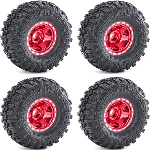 RcThjia 1.0 Beadlock Wheels and Tires Set 57 x 24 mm 1.0 inch Rubber Rock Crawler Tires & Alloy Blade Wheels for 1/18 1/24 Axial SCX24 TRX4M Gladiator Bronco C10 JLU Deadbolt RC Crawler Upgrade (Red) - Thumbnail 5