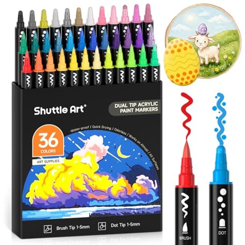 Shuttle Art 36 Colors Dual Tip Acrylic Paint Markers, Brush Tip and Dot Tip Acrylic Paint Pens for Rock Painting, Ceramic, Wood, Canvas, Plastic, Glass, Stone, Calligraphy, Card Making, DIY Crafts - Image 1