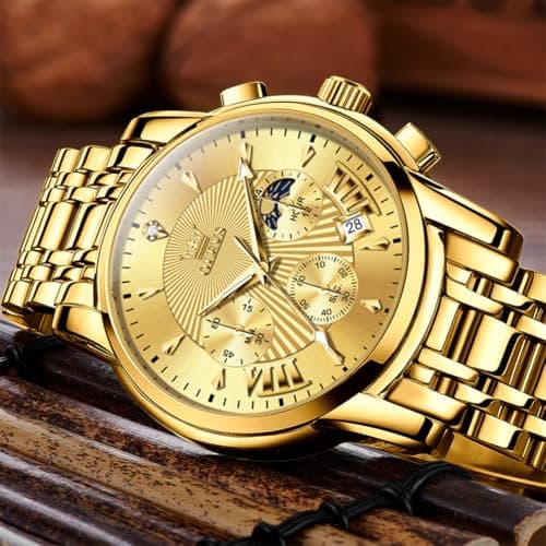 OLEVS Watch Men Gold Watches for Men Luxury Mens Watches Dress Wrist Watch for Man Wateproof Analog Quartz Stainless Steel Large Face Chronograph Moon Phase Date Luminous Golden Reloj para Hombre - Thumbnail 3