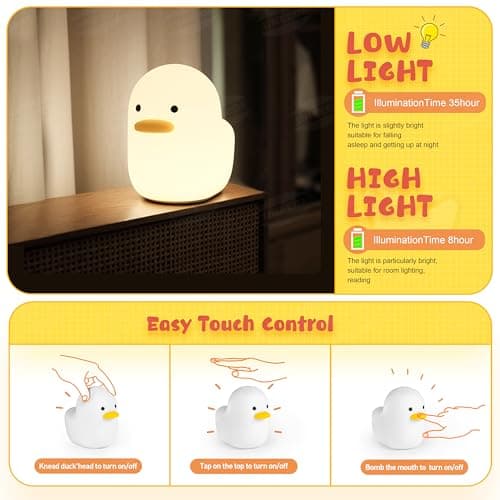 UNEEDE LED Benson Night Light, Cute Duck Animal Silicone Nursery Night Light Rechargeable Table Lamp Bedside Lamp with Touch Sensor for Baby Girls Women Bedrooms, Living Room - Thumbnail 4