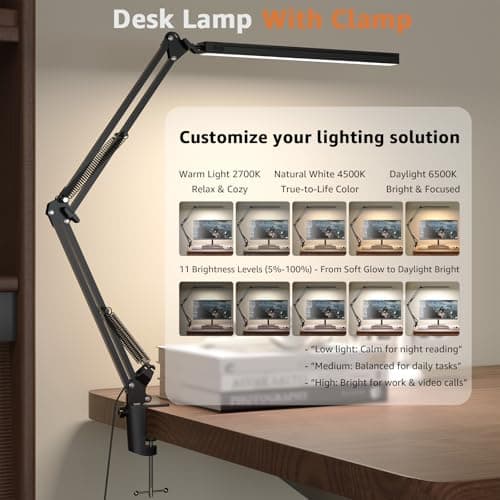 Upgrade Swing Arm LED Desk Lamp with Clamp, 80 LED Beads, 5 Color Modes & 11 Brightness Levels, 360° Adjustable Arm, Eye-Caring Light CRI95, Timer & Memory Function, for Office, Study, Crafting - Thumbnail 2