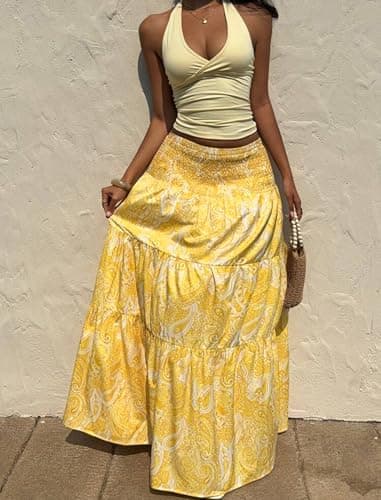 ZAFUL Women’s Summer Boho Maxi Skirts Bohemian Print Smocked High Wasited Flowy Tiered Ruffle Long Beach Skirt Yellow XS - Thumbnail 3
