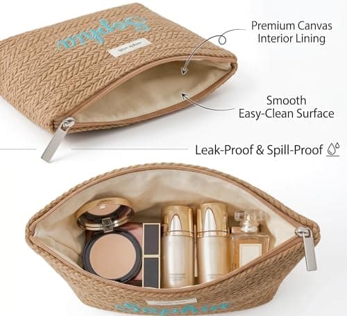 Personalized woven travel makeup bag, with extra-large capacity and thick inner lining, crafted with embroidery technique. It is convenient to carry and is a must-have bag for women on the go. - Thumbnail 5