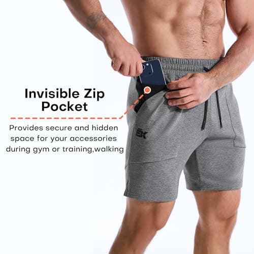 BROKIG Zero Armor Mens Gym Shorts 7" Inseam Slim Fit Anti-Chafing Cotton Workout Shorts with Zipper Pocket(XX-Large,Dark Grey) - Thumbnail 3