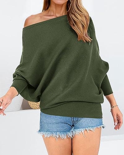 Zenlonr Women's Fall Winter Sweaters 2026 Casual Long Batwing Sleeve Loose Off Shoulder Knit Pullovers Jumper Tops(Army Green,Small) - Thumbnail 3