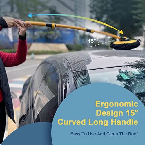 YeewayVeh Car Wash Brush with Long Handle, Microfiber Car Wash Mop with Replaceable Chenille Brush Head, Soft Cleaning Brush with 15° Curved Extension Pole Car Wash Kit for RV Truck Camper, Yellow - Thumbnail 4