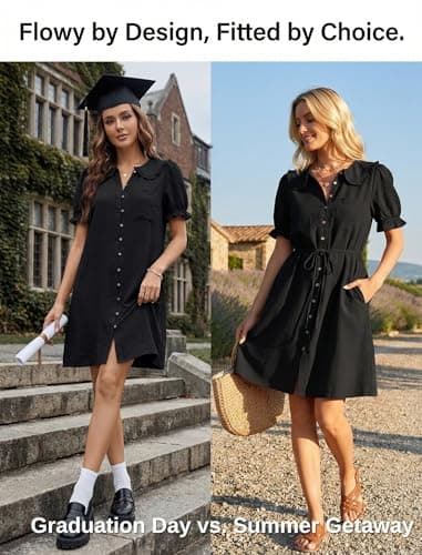 Theenkoln Womens Button Down Mini Dress:Oversized Peter Pan Collar Short Sleeve Flowy Baby Doll Dresses with Belt Black XL - Thumbnail 5