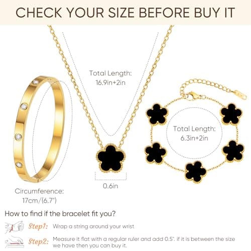 Gold Bracelets Necklace Jewelry Set - 3Pcs 18K Gold Plated Floral Bracelet,Stainless Steel Bangles, Waterproof Non-Tarnish Necklaces Daily Fashion Minimalist Jewelry,Valentines Birthday Gift for Women - Thumbnail 6
