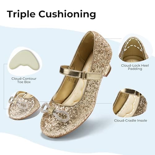 PATPAT Girls Dress Shoes Size 1 Big Kid, Gold Glitter Shoes with Butterfly Hair Clips, Sequins Rhinestones Bowknot Princess Low Heels Mary Jane Footwear Heels for Girls Dress Up - Thumbnail 4