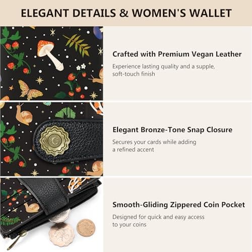 Chelmon Mushroom Butterfly Small Wallet Woman RFID Blocking, PU Leather Bifold Credit Card Ladies Wallets with ID Window, Cute Zipper Coin Pocket Purse for Girls - Thumbnail 6