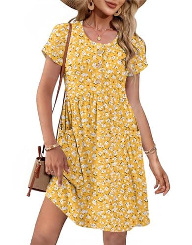 MOLERANI Summer Dresses for Women 2026 Casual Crew Neck Sundresses Short Sleeve Fashion Beach Vacation Dress with Pockets Yellow Flower - Image 1