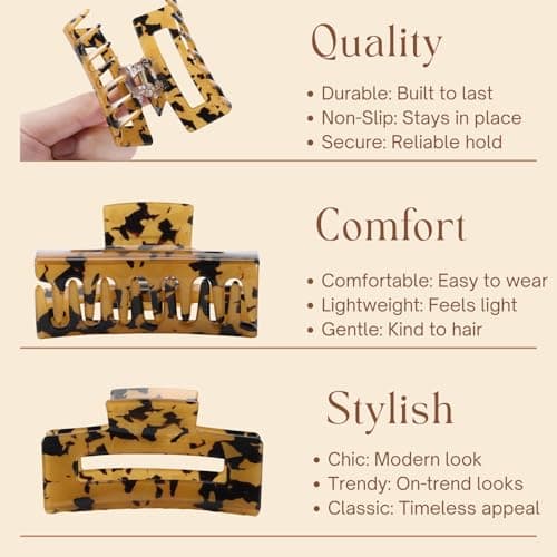 LuSeren 4 Pack 3 Inch Hair Claw Clips for Women, Medium Rectangle Acetate Jaw Clips, Checkered & Tortoise Style, Strong Hold Non-Slip Hair Accessories for Girls - Thumbnail 5