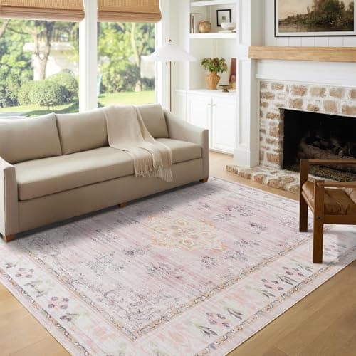 Auemtyn 5x7 Washable Area Rug for Living Room, Pink Rug with Non Slip Backing, Low Pile Carpet for Bedroom, Dinning Room (Multi Pink, 5'x7') - Image 1