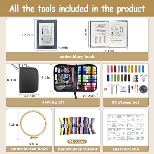 Embroidery Stitch Book Kit for Adults & DIY Craft Enthusiasts, Portable Embroidery Kit for Beginners, Includes Guide to 106 Patterns with Tools & Tutorials and 86-Piece Sewing Tool Set (1 Kit) - Thumbnail 3