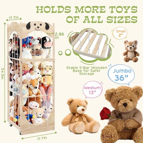 Stuffed Animal Storage & Organizer, Wooden Zoo Toy Holder with Cute Puppy Design, Large Plushies & Stuffy Storage with Elastic Cords, Kids Stuffed Animal Cage for Playroom, Bedroom, Nursery - Thumbnail 2