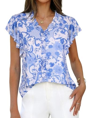 GRACE KARIN 2026 Boho Tops for Women Dressy Casual,Ruffle Sleeve Chiffon Blouses,V Neck Summer Fashion Clothes Blue White M - Image 1