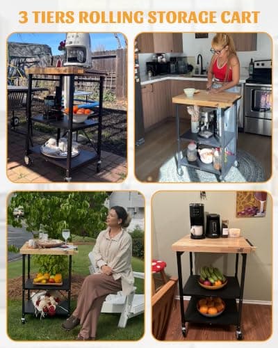 Mythinglogic Foldable Kitchen Storage Cart, 3-Tier Rolling Cart with Solid Oak Top, Heavy-Duty Metal Utility Rack for Microwave, Pots, Dish Set, Meal Prep Area, Kitchen Island on Lockable Wheels - Thumbnail 4