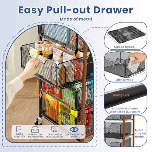 Goovilla Kitchen Cart with Drawers, 4 Tier Metal Rolling Utility Cart Organizer on Lockable Wheels with Wooden Top, Black Fruit Vegetable Storage Rack Also for Cans, Snack, Craft, Art, Office, Beauty - Thumbnail 5