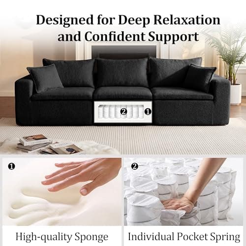 Boneless Sofa Couch Seat Set, Plush Sofa with Deep Seat & Support Pillow Armless Corner Chair Modular Sectional with Layered Cushion for Living Room Bedroom, Office (Black, 29.53"Middle of 2 Set) - Thumbnail 5