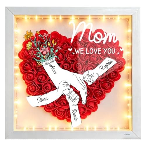 ROSLILY Custom Mom Flower Shadow Box Mom We Love You Flower Box Personalized Heart Shaped Name Frame for Mom Grandma Family Birthday (Hand by Hand, 8*8in/20*20cm) - Image 1