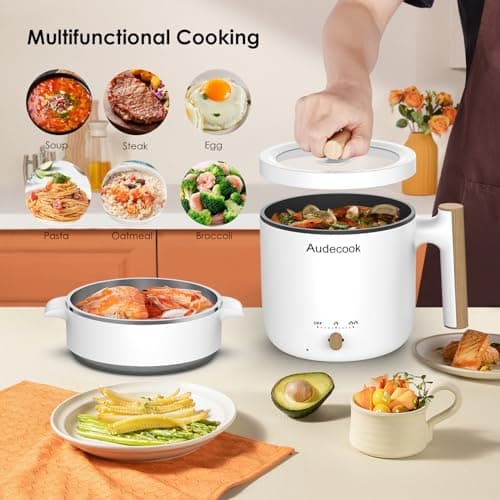 Audecook Hot Pot Electric with Steamer, 1.8L Portable Mini Travel Cooker, Multifunctional Non-Stick Electric Skillet for Stir Fry/Stew/Steam, Perfect for Ramen Noodles/Pasta/Egg/Soup/Oatmeal (White) - Thumbnail 2