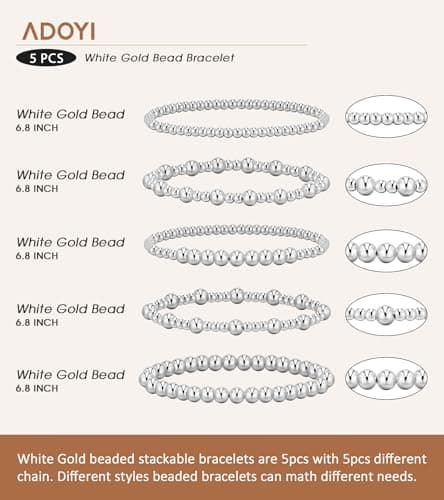 adoyi Silver Bracelets for Women Beaded Bracelet 14K Gold Plated Bracelet Stack Strand Stretch Bead Ball Bracelet Set Stackable Bracelet Adjustable Bracelet Set Jewelry for Women 6.8 inches - Thumbnail 6