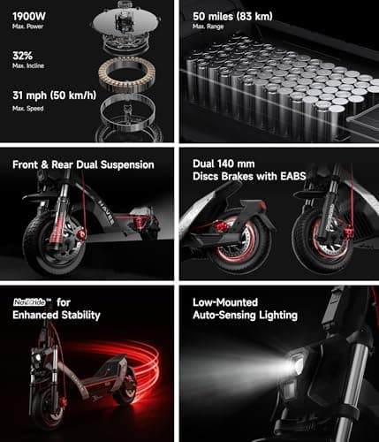 NAVEE NT5 Max Electric Scooter, 31 mph Speed, 51.6 Miles Range, Fast Charging, 1900W Peak Motor, Dual Telescopic & Damping Arm Suspension, Dual Disc Brake, 10.5" Tubeless Tire, Off-Road Scooter Adults - Thumbnail 2