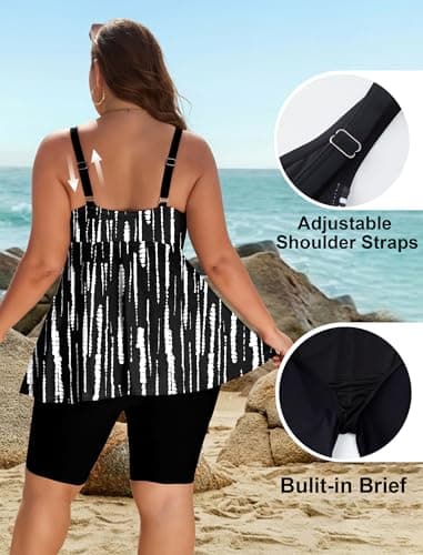 Arolina Plus Size Swimsuit for Women Modest Two Piece Bathing Suit with Shorts Push Up Swim Top Black Stripes (18W) - Thumbnail 3