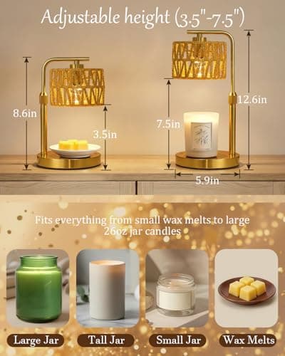 Candle Warmer Lamp with Timer, Dimmable Candle Warmer for Jar Candles, Height Adjustable Candle Lamp Warmer, Boho Rattan Lampshade and 2 Bulbs, Gift for Home Room Decor, Gifts for Women Mom (Gold) - Thumbnail 6