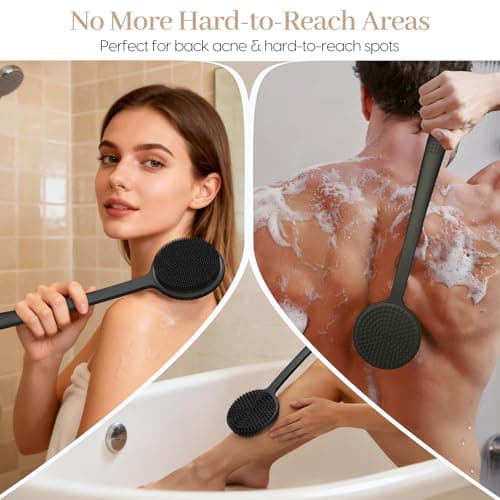 Back Scrubber for Shower & Face Scrubber, 2Pcs Silicone Exfoliating Brush Set with 17In Long Handle, Soft Body & Facial Cleansing Scrubber for Men Women - Thumbnail 4