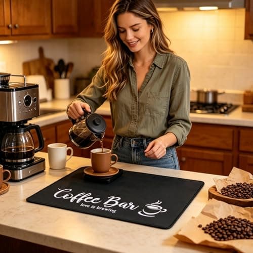 SHACOS Coffee Mat 2-Pack 12x19 Inch Absorbent Non Slip Rubber Bar Accessories Coffee Maker Mat for Countertop Dish Drying Mat Heat Resistant, Black - Thumbnail 4