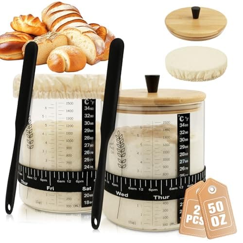 Rakovar 50oz Sourdough Starter Jar, Wide Mouth Sourdough Jar, Large Capacity Sourdough Starter Kit with Lid, Band, Date Tracker, Temp, Sourdough Bread Starter Kit for Perfect Sour Dough(2 Pack)