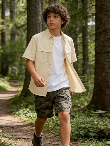 Funnycokid Boys Dress Shirts Button Down Short Sleeve Size 14 13 Teen Beige Casual Cotton Woven with 3 Pockets - Thumbnail 3