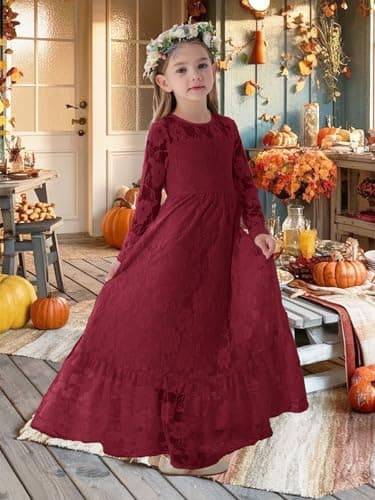 ALLOVIN Toddler & Girls Long Sleeve Lace Flower Girl Dress Maxi Boho A-Line Dress for Wedding Baptism 1st Communion | Burgundy | 6-7Y - Thumbnail 4